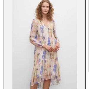CLUB MONACO Floral Tiered Midi‎ Dress Pink Purple Sheer Chiffon XS NWT $298USD